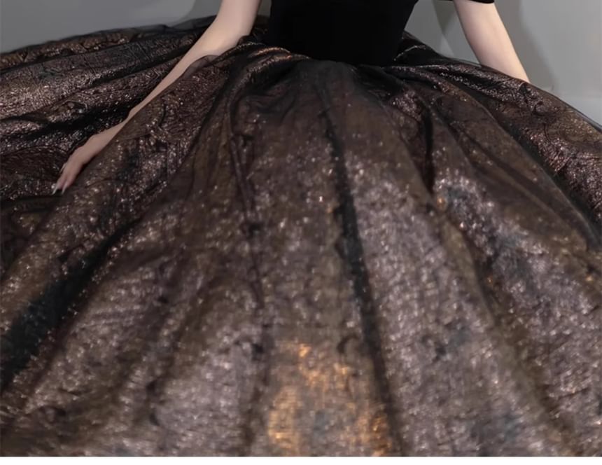 Off Shoulder Two Tone Sequin A-Line Evening Gown