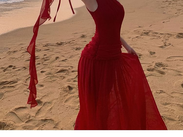 Ärmellos, eine Schulter, Rüschenbesatz A