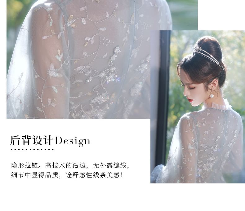 Flower Gown Puff-Sleeve Evening Sequin Embroidered A-Line