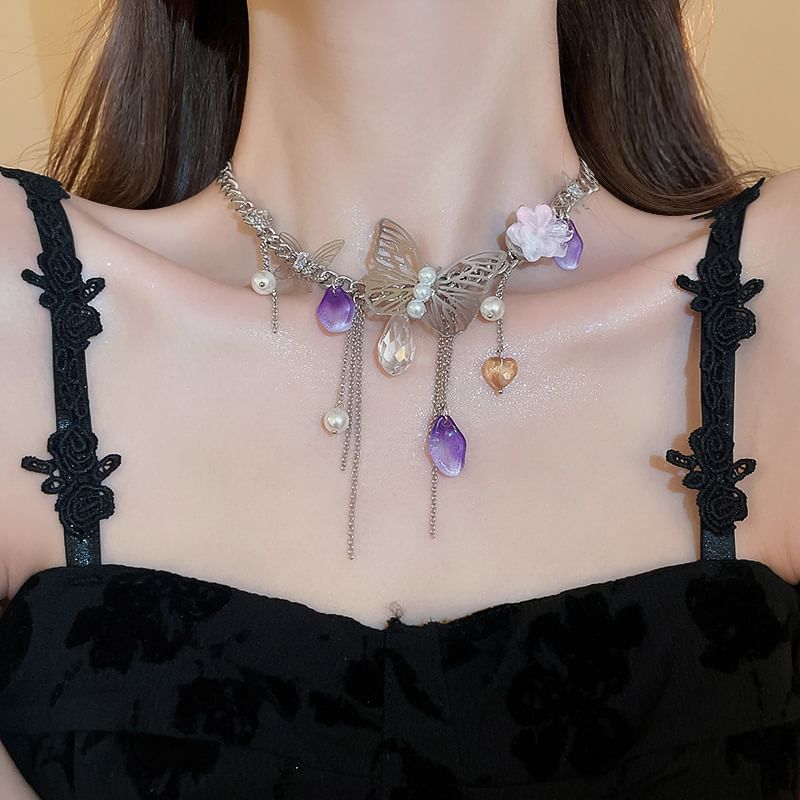 Butterfly Necklace / Fringed Earring