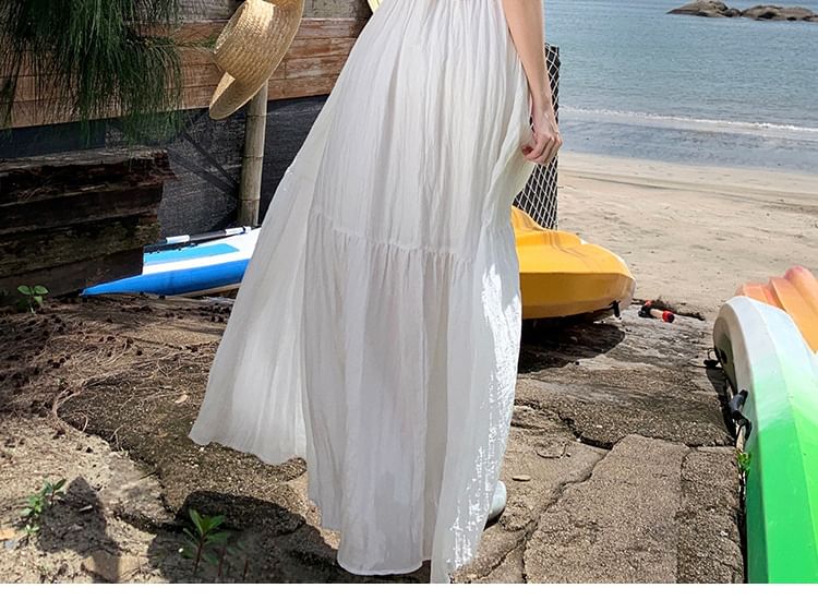 Sleeveless Plain Open Back Lace Trim Maxi A-Line Dress