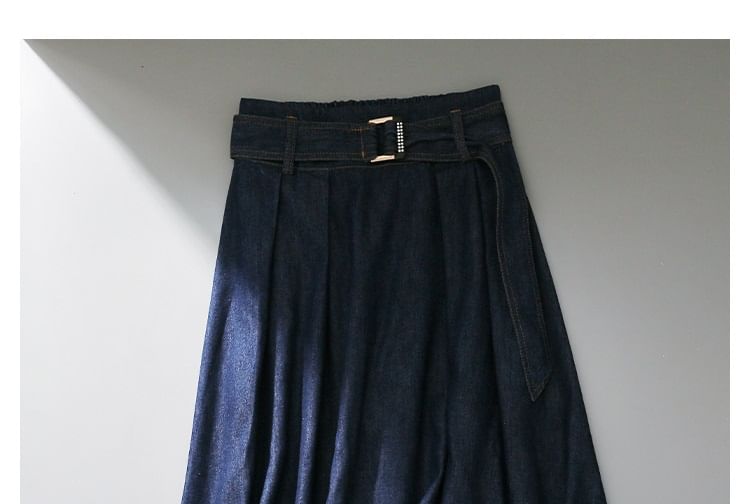 Washed Denim Pleated Midi Skirt Set with Belt