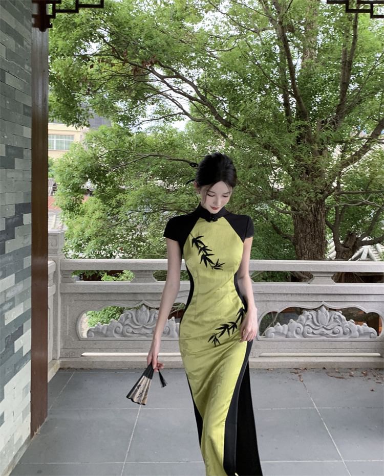 Cap Sleeve Panel Jacquard Maxi Sheath Qipao