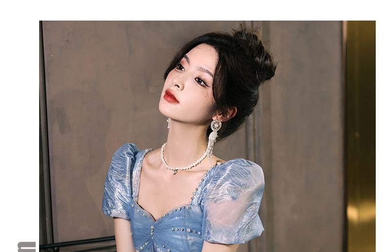 Evening A-Line Beaded Patterned Gown Short-Sleeve