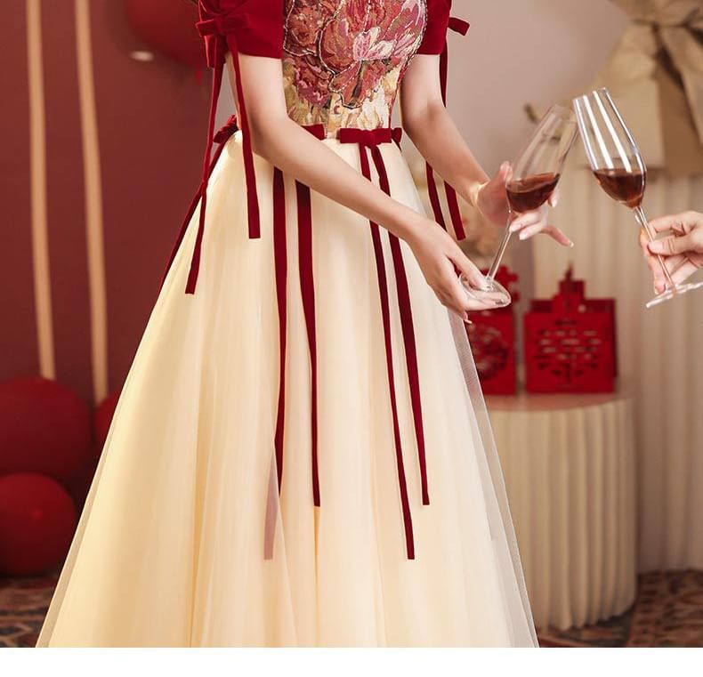 Evening Gown Floral A-Line Bow Short-Sleeve Mesh