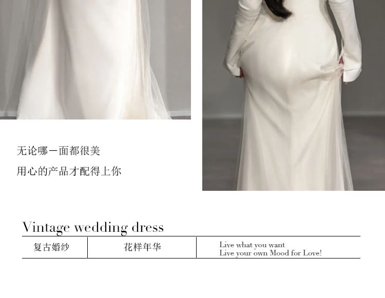 Long-Sleeve Cold Shoulder Plain Trained Open Back Mermaid Wedding Gown