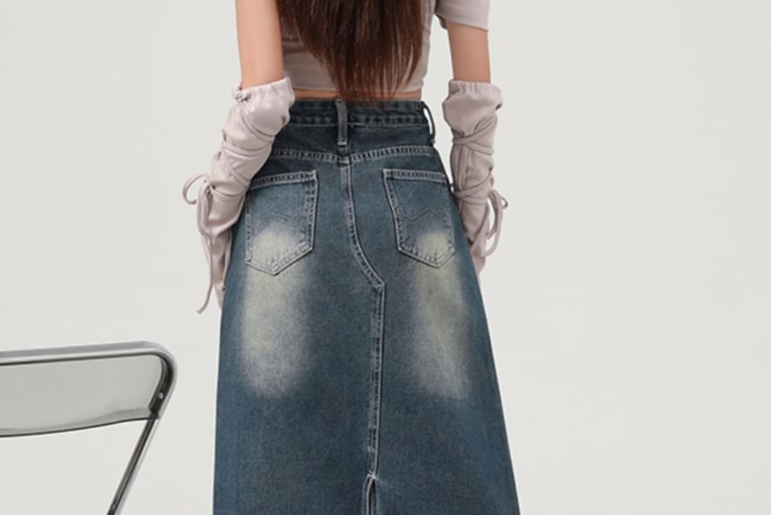 Washed Frayed Slit Maxi Denim A-Line Skirt