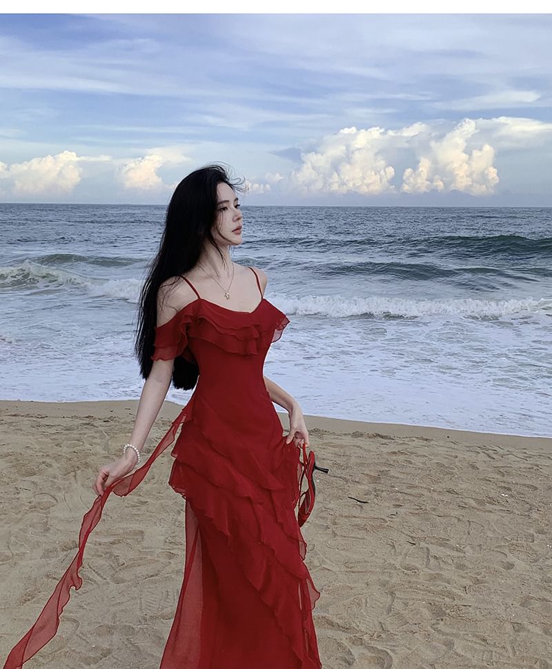 Cold-Shoulder Plain Ruffle Asymmetrical Maxi Sundress