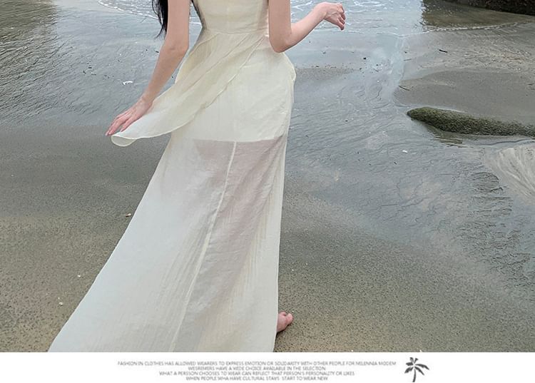 Spaghetti Strap V-Neck Plain Slit Ruched Panel Lace Maxi A-Line Dress