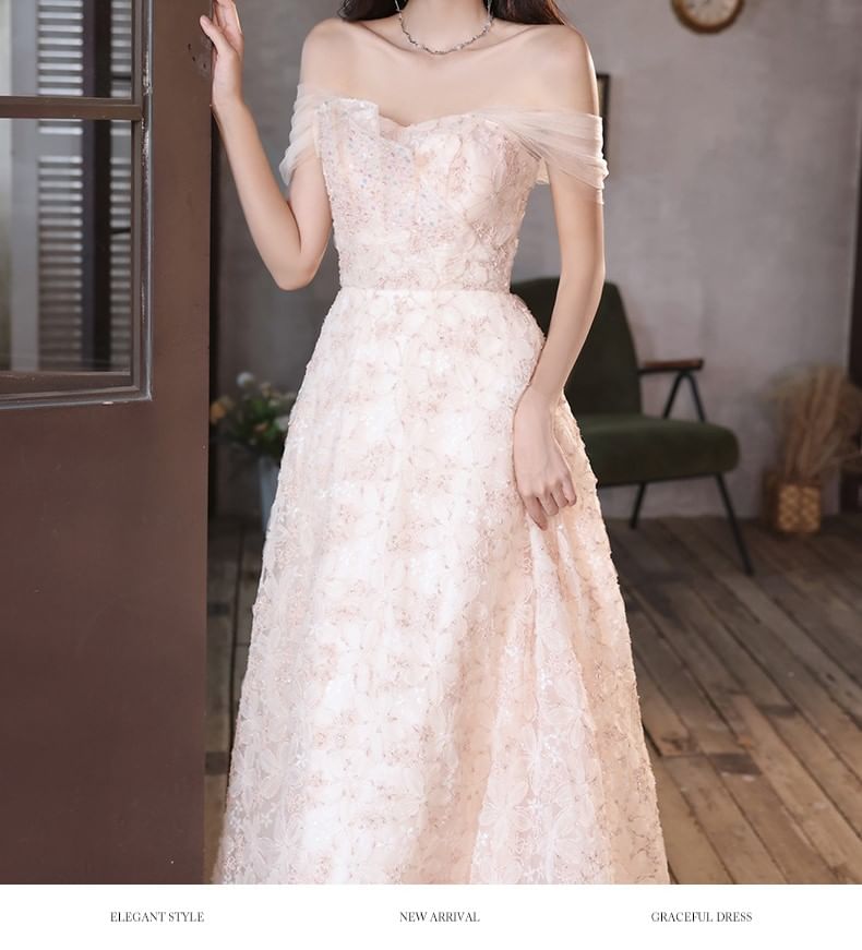 Off-The-Shoulder Floral Embroidered A-Line Evening Gown