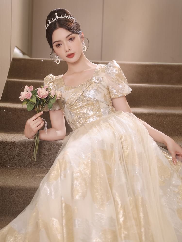 Short-Sleeve Patterned A-Line Evening Gown