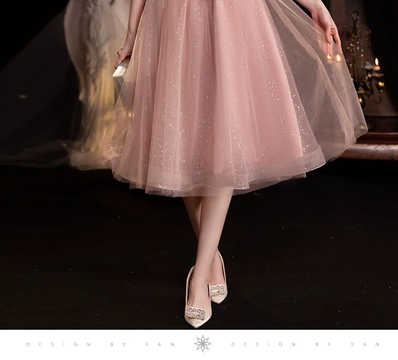 Puff-Sleeve Square Neck Sequin A-Line Cocktail Dress
