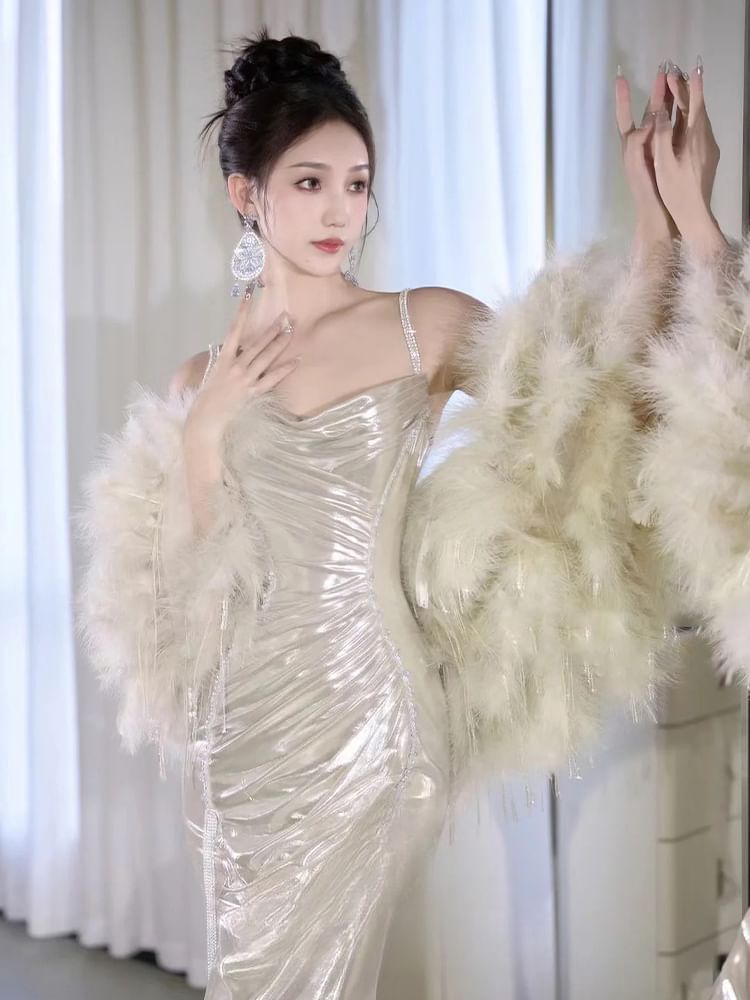 Gown A-Line Neck Plain Cowl Strap Spaghetti Evening