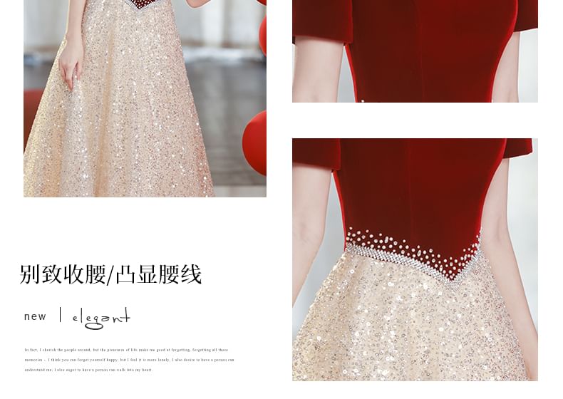 Short-Sleeve Square Neck Sequin Panel A-Line Evening Gown
