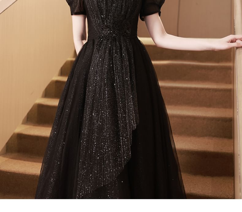 Short-Sleeve Plain Sequin A-Line Evening Gown