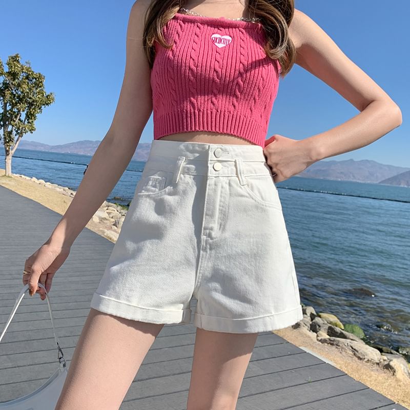 High Waist Roll Up Hem Denim Shorts