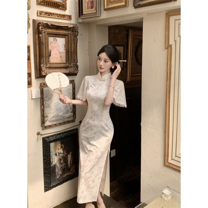 Short-Sleeve Floral Slit Midi Qipao