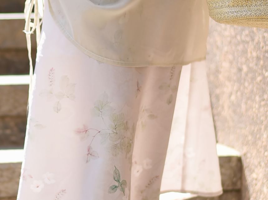 Short-Sleeve Floral Drawstring Maxi Qipao