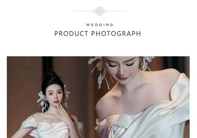 Shirred Satin Floral Wedding A-Line Off-Shoulder Gown