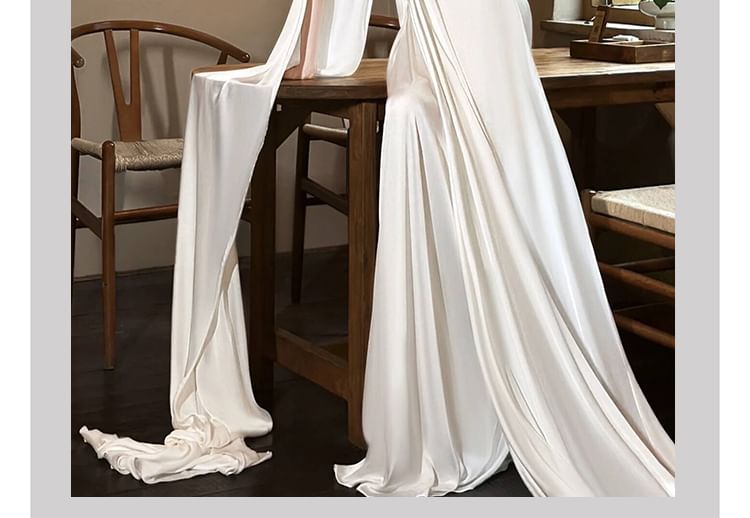 Off-Shoulder Shirred A-Line Satin Wedding Gown