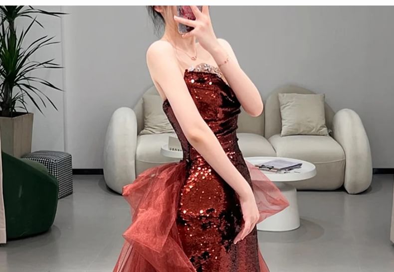 Plain Sequin Panel Mesh A-Line Tube Evening Gown