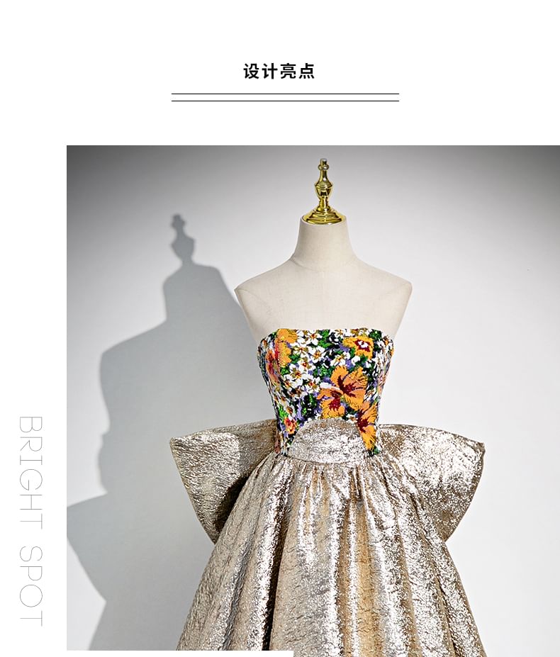 Strapless Floral Print Bow Back A-Line Evening Gown