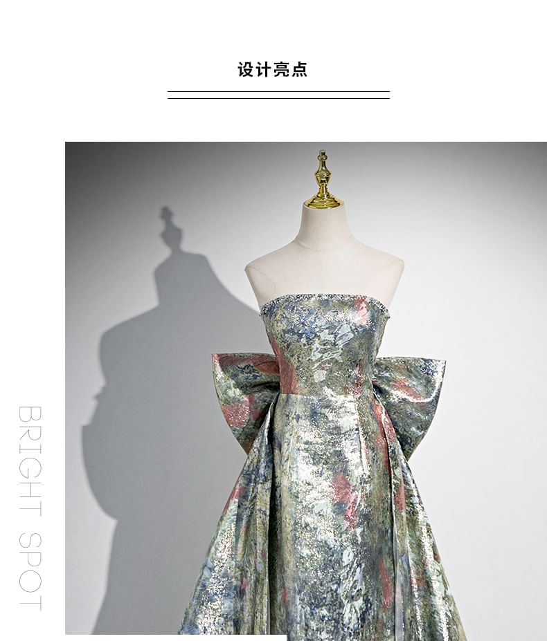 Strapless Evening Back Floral Bow Print A-Line Gown