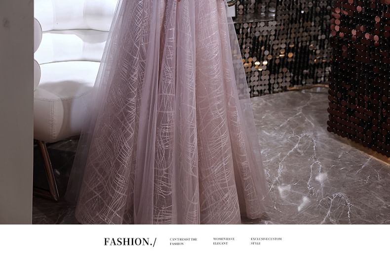 Open Back Sleeveless Sequin Mesh Gown A-Line Evening