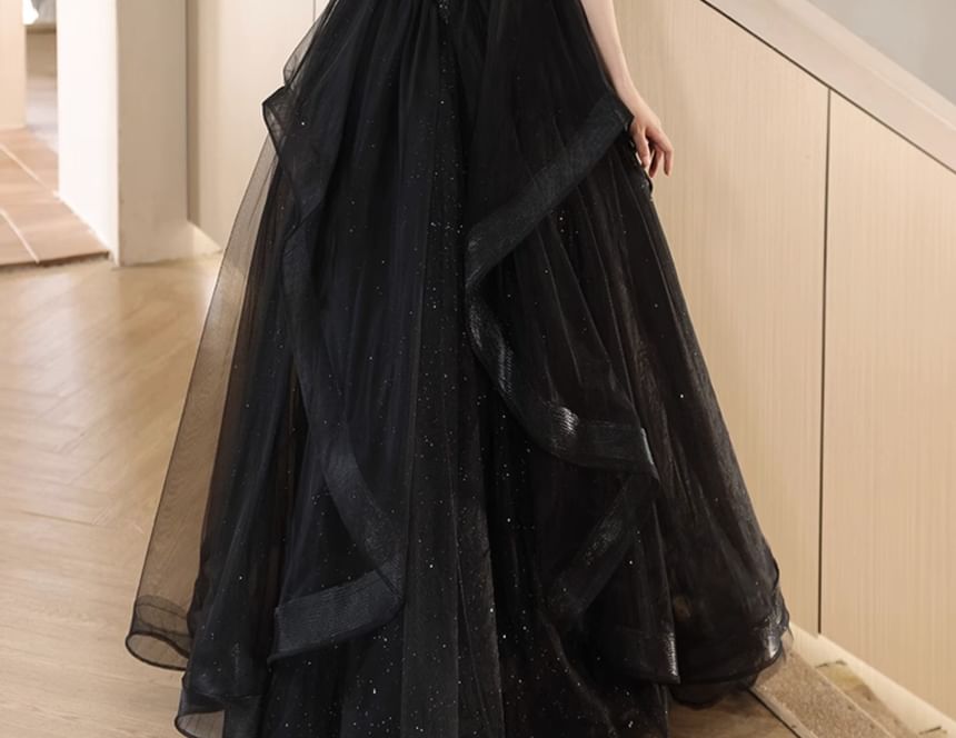 Mesh Evening Sequin A-Line Short-Sleeve Gown Plain