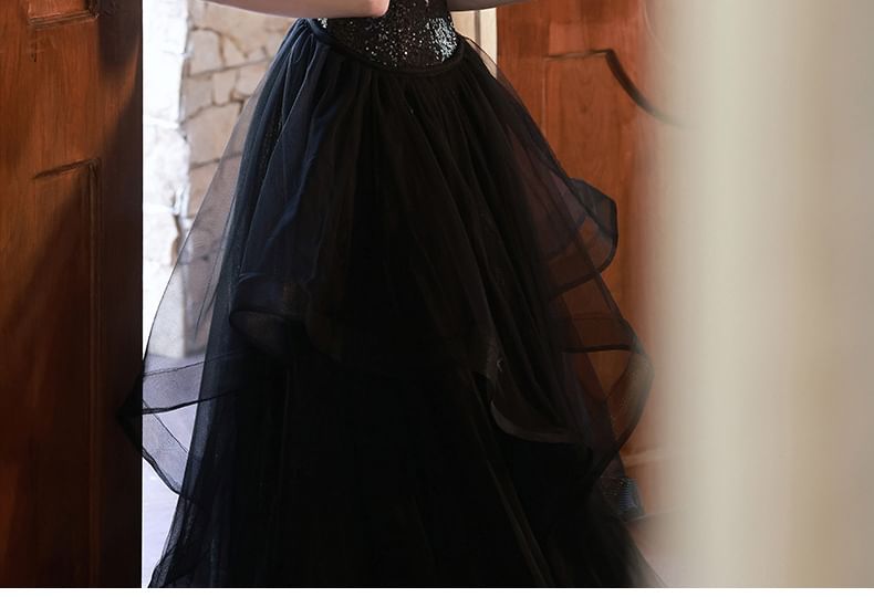 Spaghetti Strap Slit Sequin Mesh A-Line Evening Gown