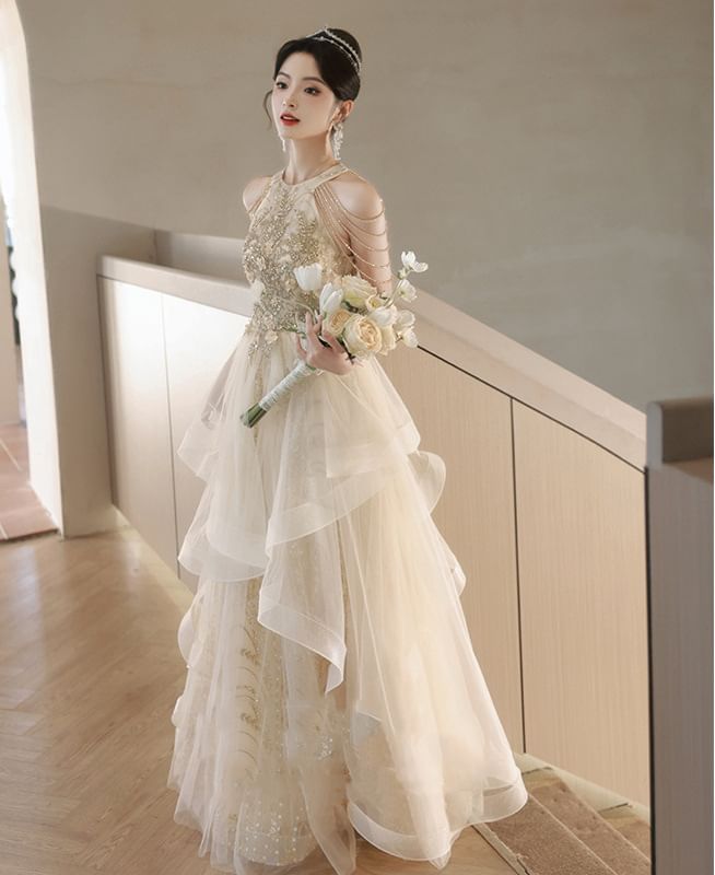 Evening Mesh Gown Sequin Sleeveless A-Line Halter