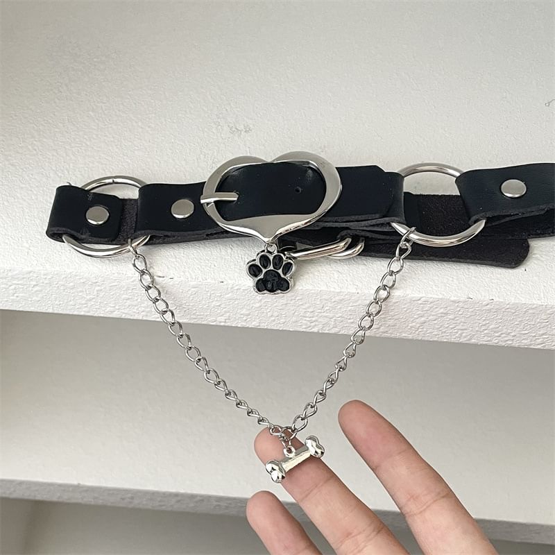Faux Leather Paw Heart Buckle Choker