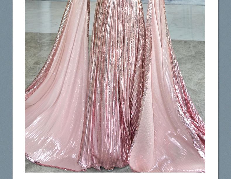 A-Line Gown Cape-Sleeve Sequin Cold-Shoulder Evening