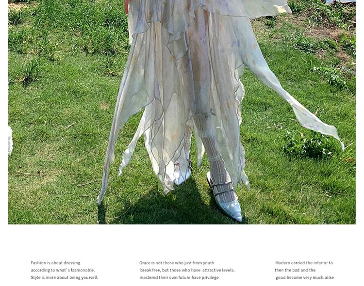 Spaghetti Strap Floral Asymmetrical Lace Panel Midi A-Line Sundress