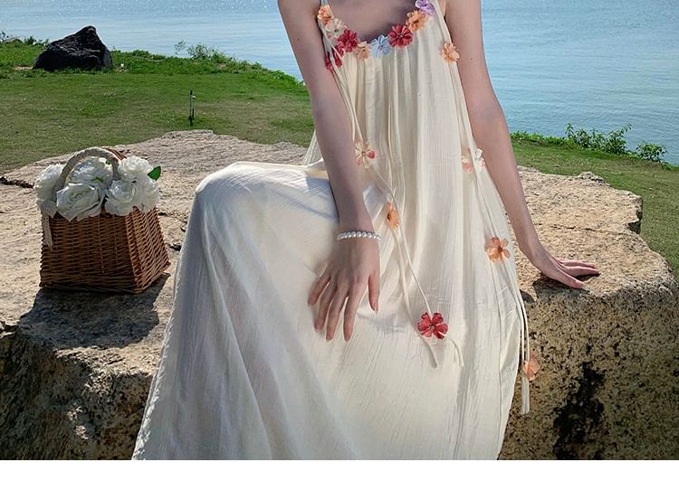 Spaghetti Strap Flower Accent Midi A-Line Dress