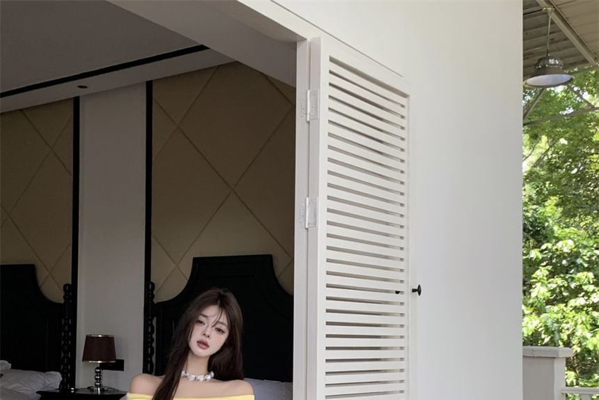 Set: Long-Sleeve Off-Shoulder Plain Crop Slim Fit Tee + High Waist Maxi A-Line Skirt