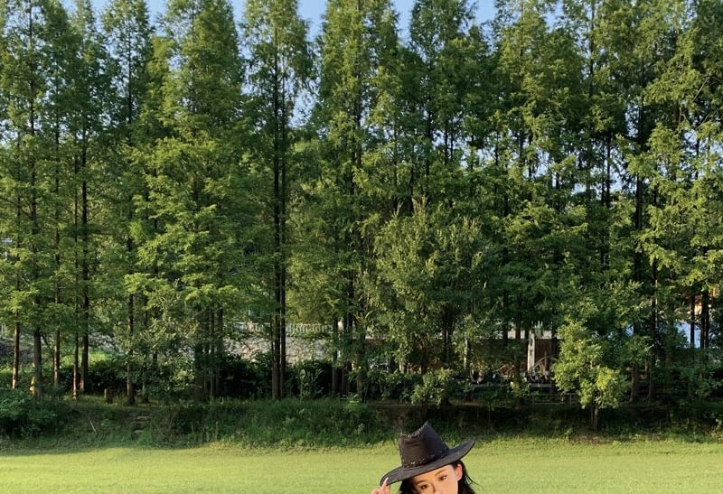 Set: Long-Sleeve V-Neck Plain Blouse + Tiered Mini A-Line Skirt