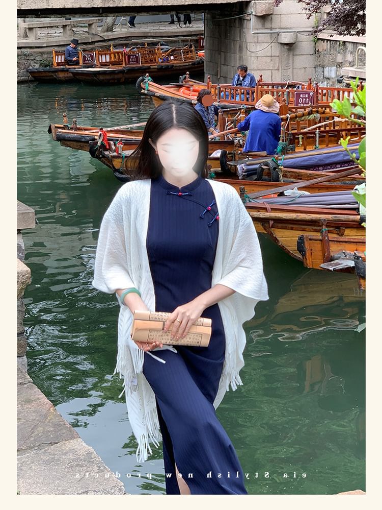 Short Sleeve Mandarin Collar Plain Maxi Qipao