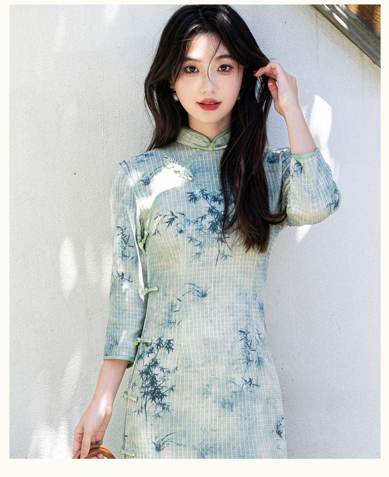 3/4 Sleeve Bamboo Print Midi Sheath Qipao