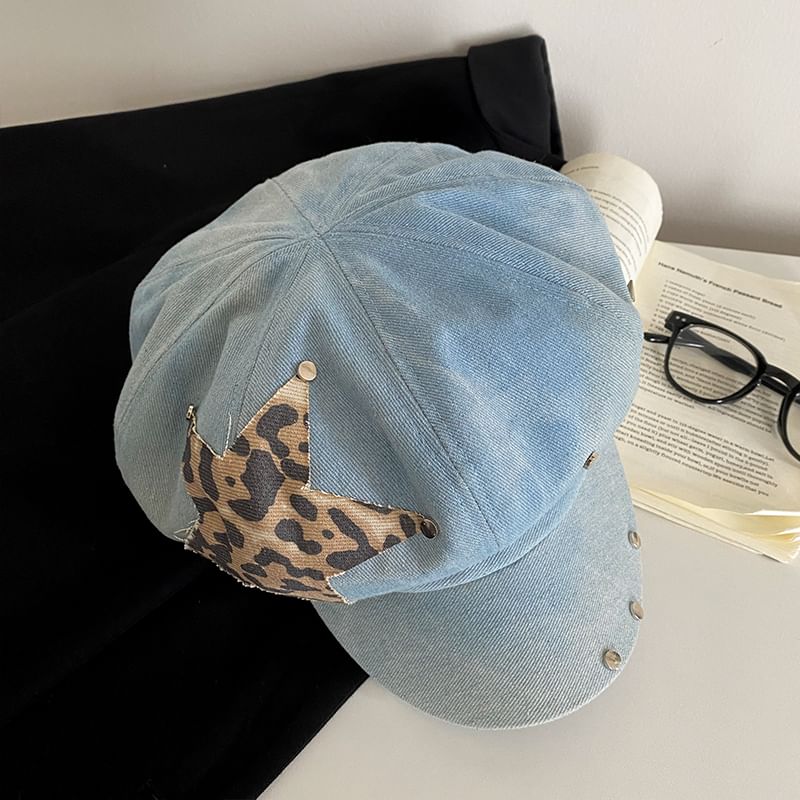 Star Applique Studded Denim Newsboy Cap