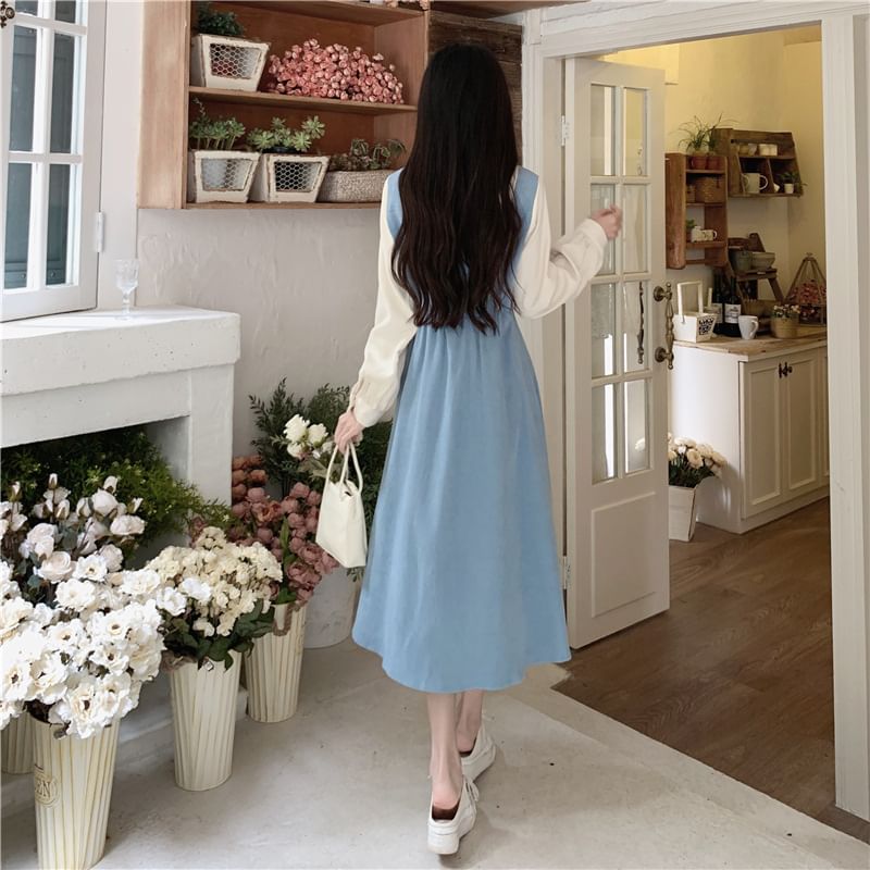 Mock Two-Piece Long-Sleeve Two Tone Midi A-Line Dress