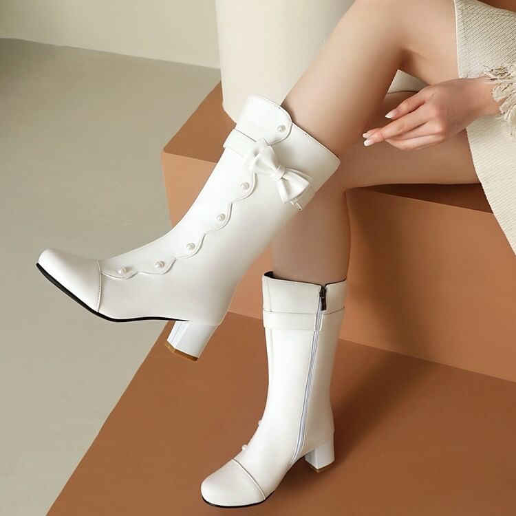 Faux Pearl Chunky Heel Mid-Calf Boots