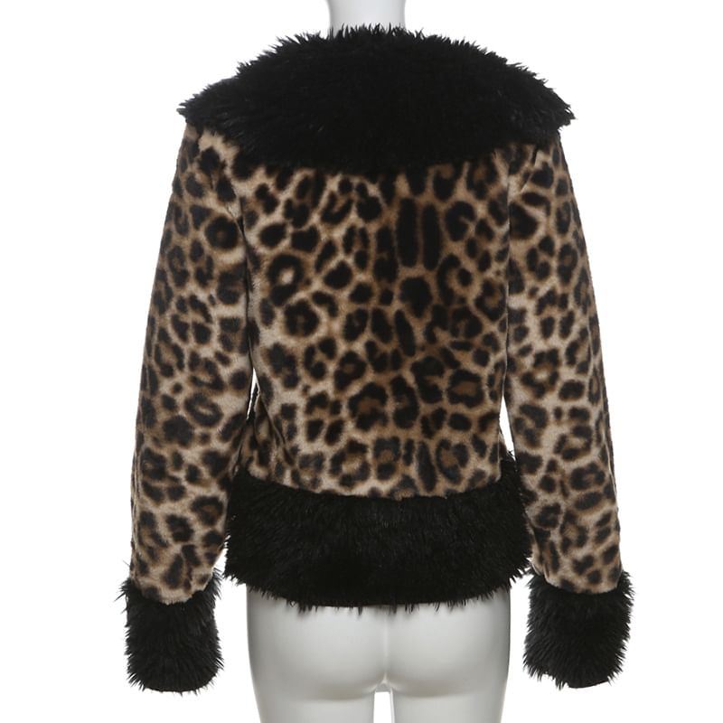 Collared Leopard Patterned Panel Faux Fur Hook And Eye Jacket