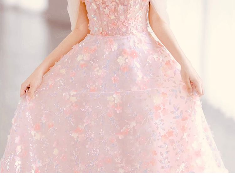 Sleeveless Off-Shoulder Floral A-Line Evening Gown