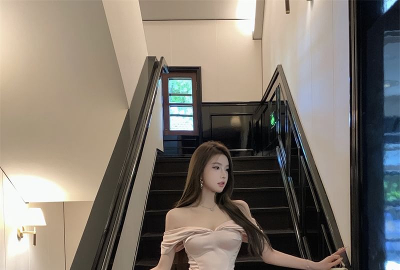 Cap-Sleeve Off-Shoulder Plain Ruched Asymmetrical Mini Sheath Dress