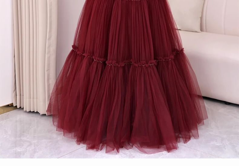 A-Line Plain Knot Gown Off-Shoulder Mesh Evening