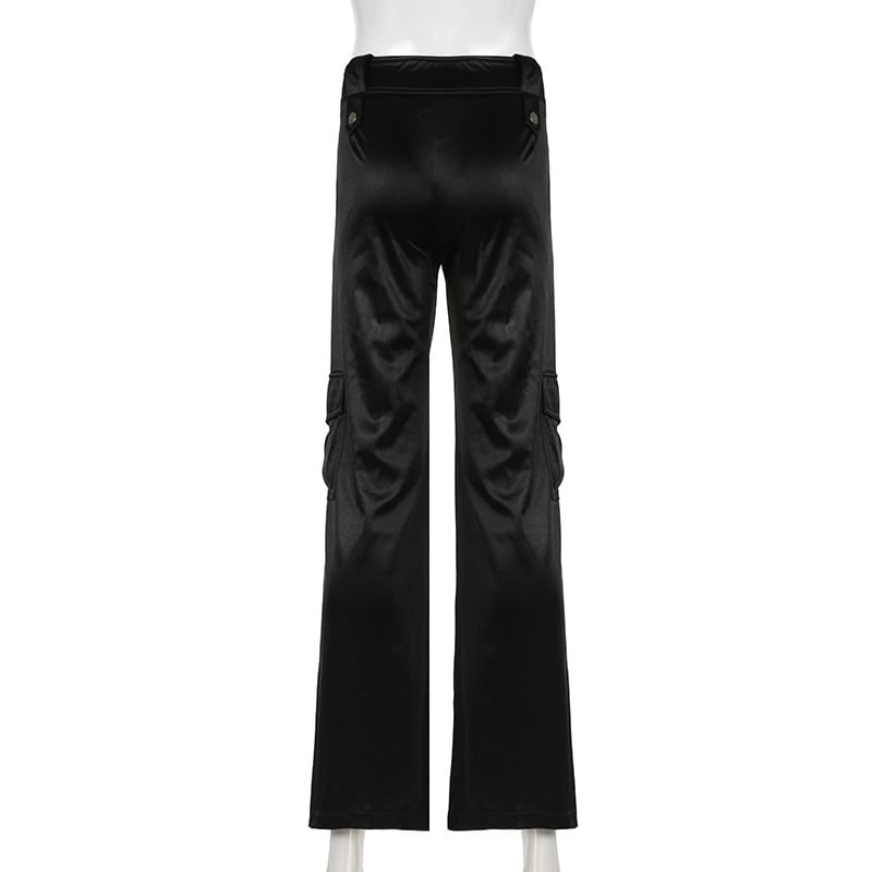 Mid Waist Plain Satin Wide Leg Cargo Pants