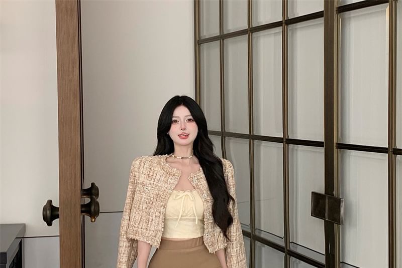 Button Cropped Jacket Neck Round Tweed