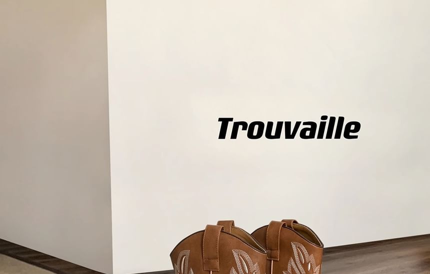 Cowboy Faux Embroidered Leather Chunky Boots Heel Mid-Calf