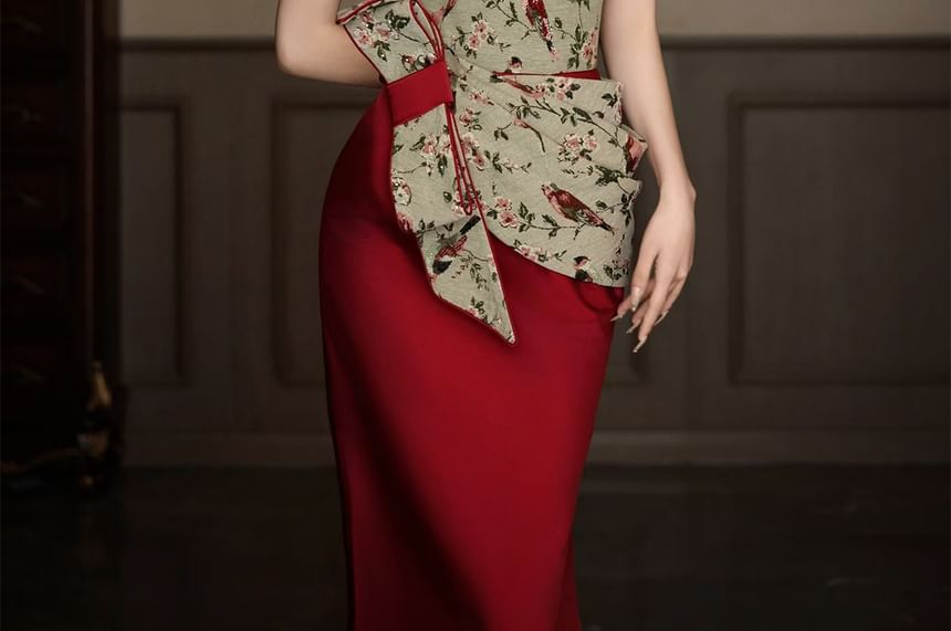Bow Strapless Gown Sheath Evening Floral